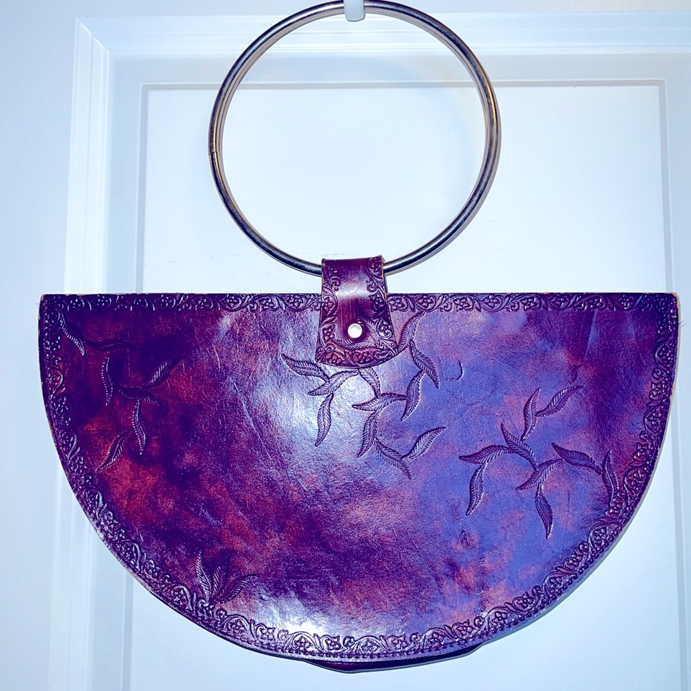 Handmade Leather stamped handbag with circular metal ring handles. - Picture 1 of 11